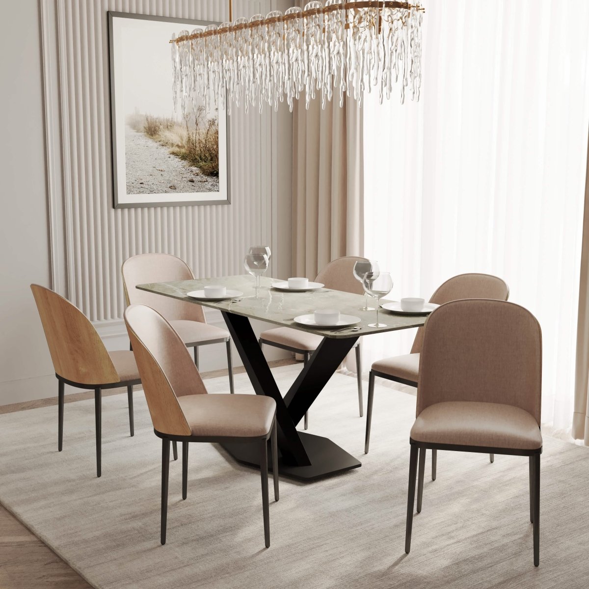 Voren 7 - Piece Dining Set with 55" Rectangular Dining Table in Deep Grey Sintered Stone and 6 Leather/Velvet/Suede Fabric Dining Chairs
