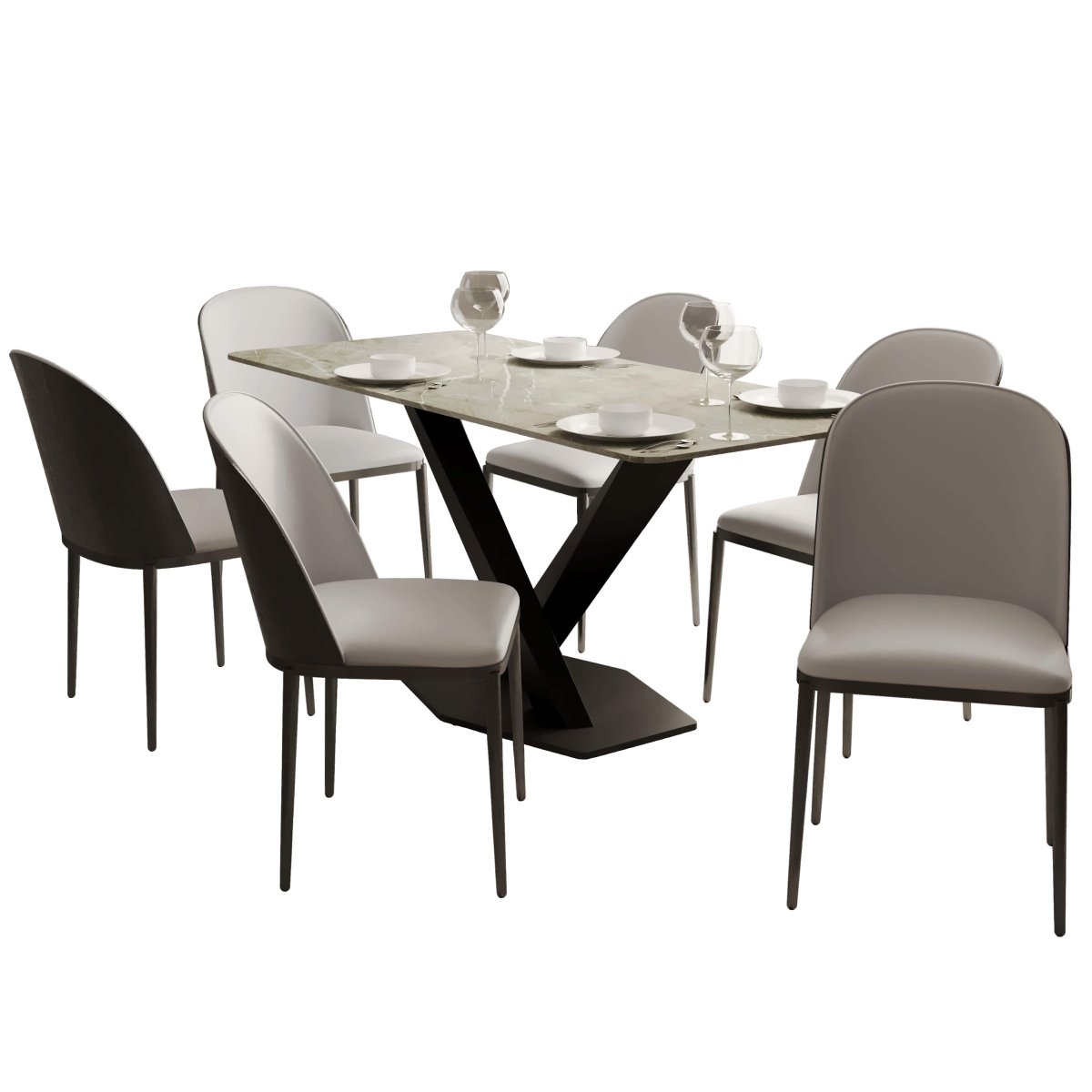Voren 7 - Piece Dining Set with 55" Rectangular Dining Table in Deep Grey Sintered Stone and 6 Leather/Velvet/Suede Fabric Dining Chairs