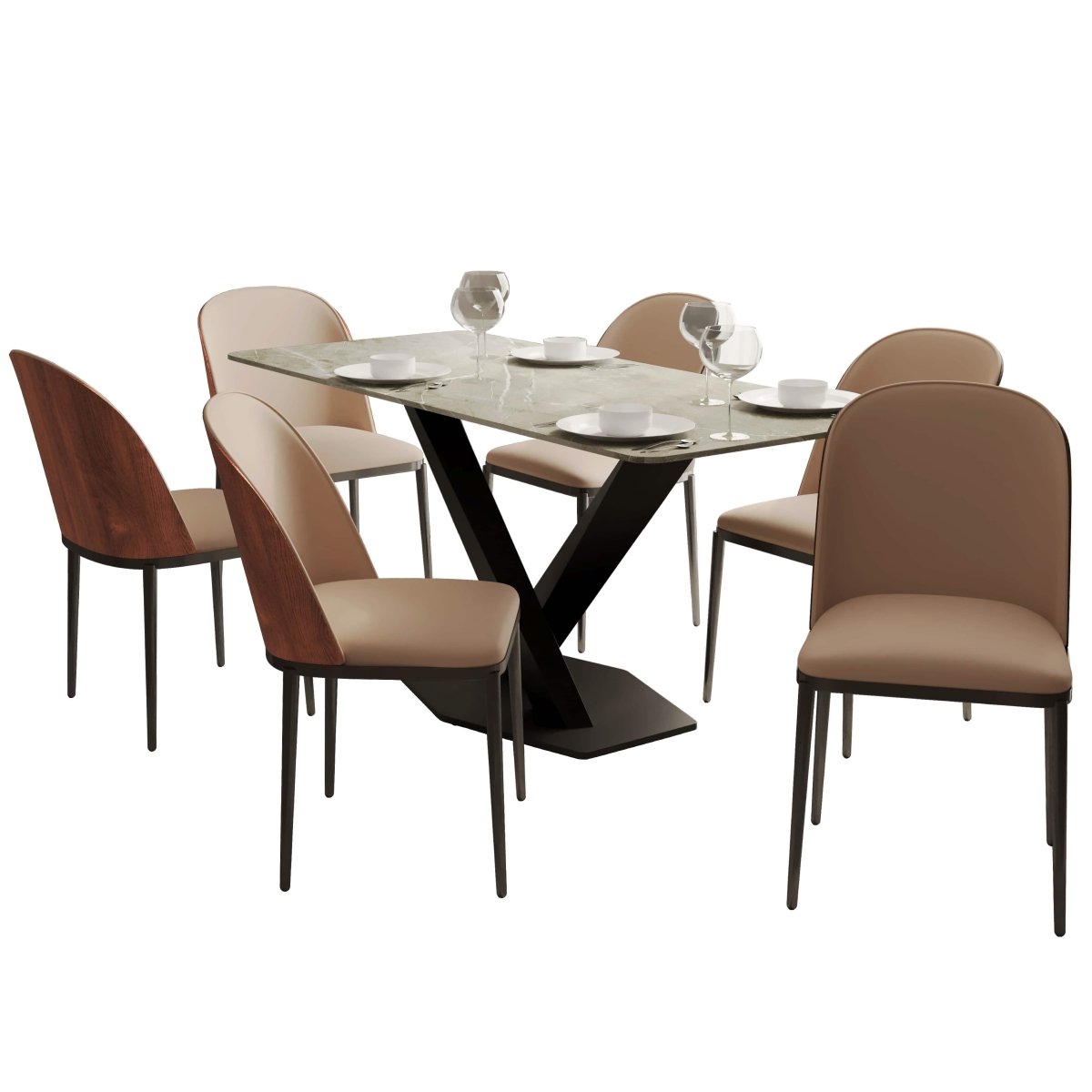 Voren 7 - Piece Dining Set with 55" Rectangular Dining Table in Deep Grey Sintered Stone and 6 Leather/Velvet/Suede Fabric Dining Chairs