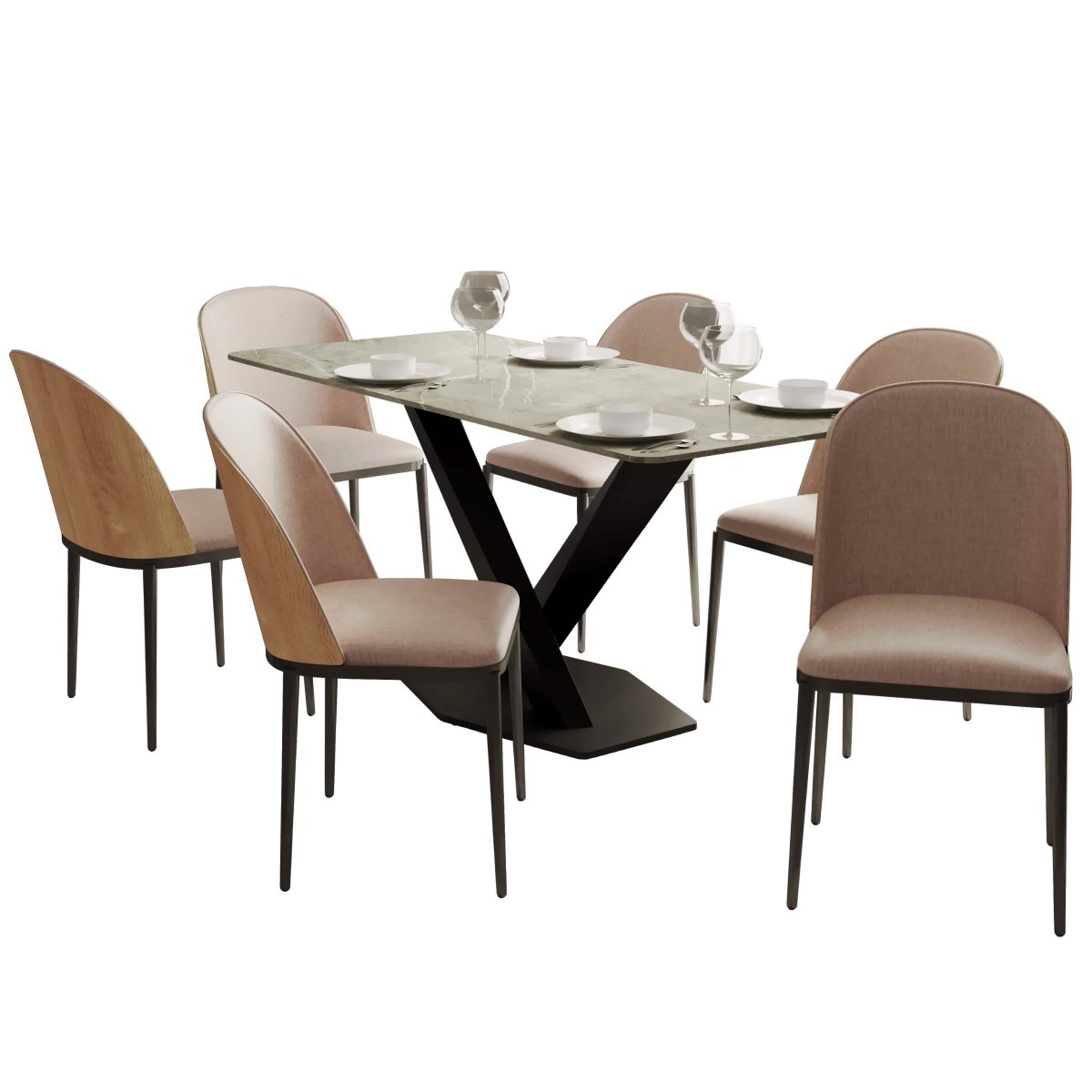 Voren 7 - Piece Dining Set with 55" Rectangular Dining Table in Deep Grey Sintered Stone and 6 Leather/Velvet/Suede Fabric Dining Chairs