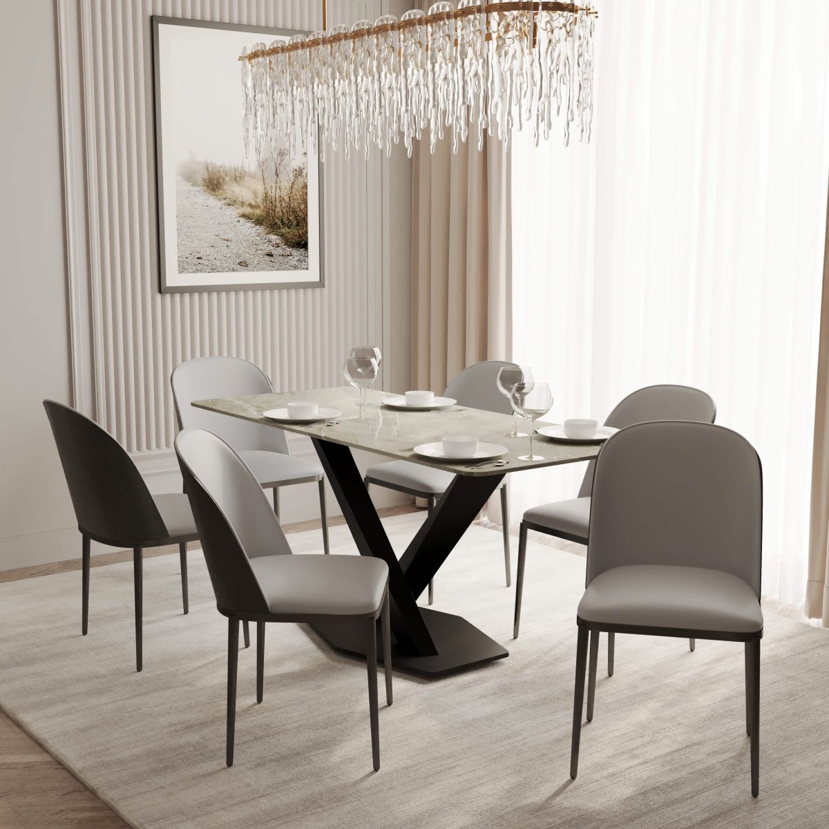 Voren 7 - Piece Dining Set with 55" Rectangular Dining Table in Deep Grey Sintered Stone and 6 Leather/Velvet/Suede Fabric Dining Chairs
