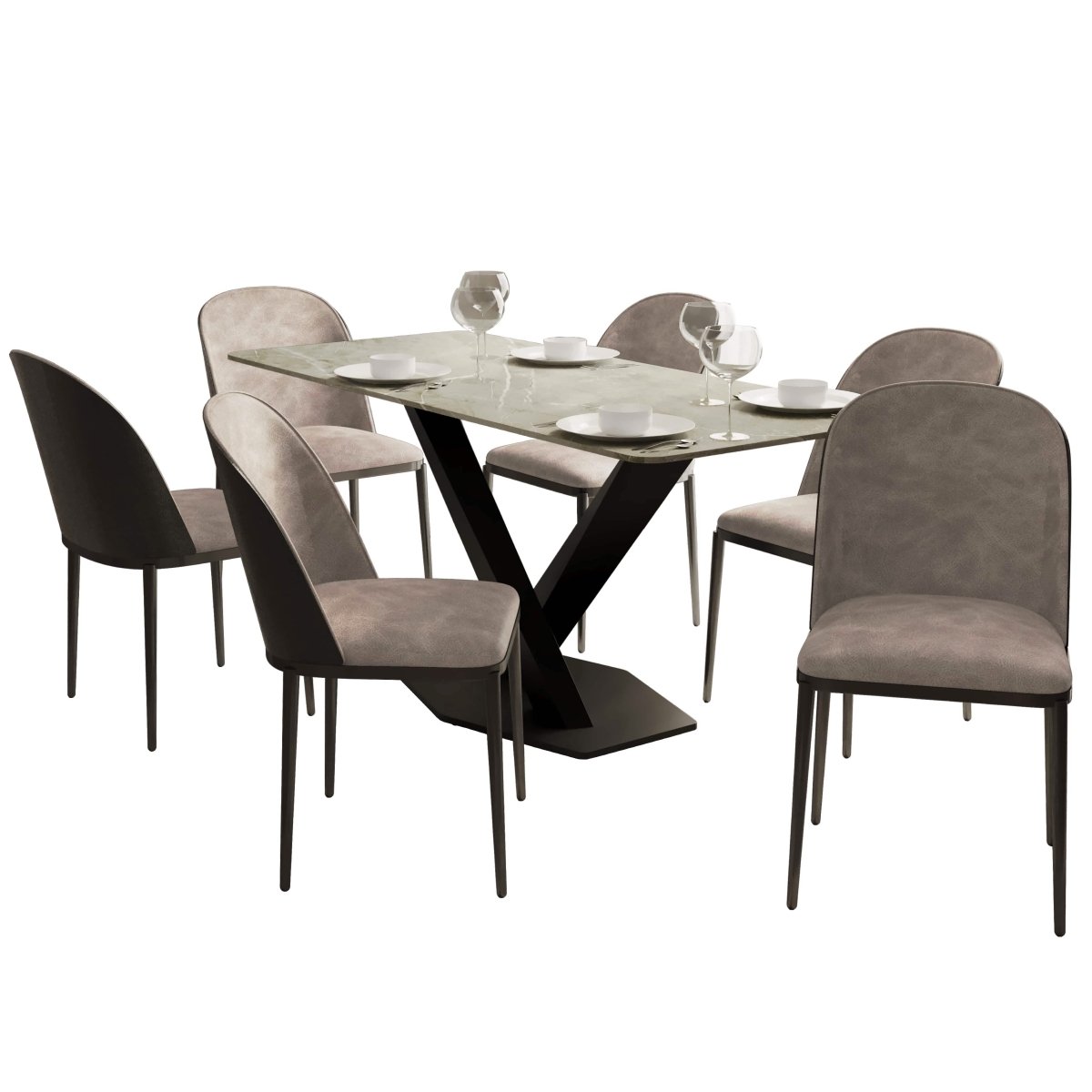 Voren 7 - Piece Dining Set with 55" Rectangular Dining Table in Deep Grey Sintered Stone and 6 Leather/Velvet/Suede Fabric Dining Chairs