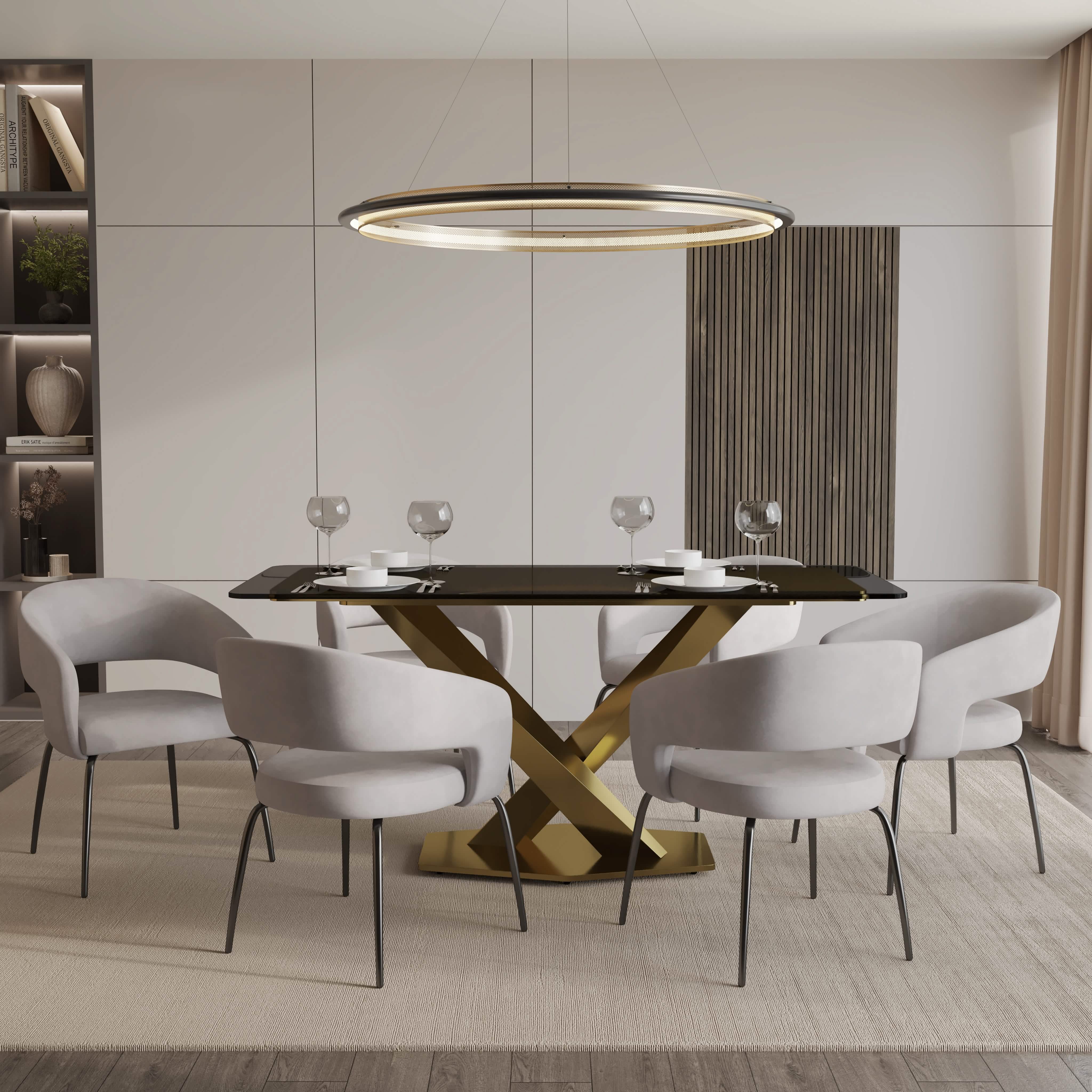 Voren 7 - Piece Dining Set with Rectangular Glass Dining Table Gold Base and 6 Velvet/Leather Dining Chairs with Iron Base