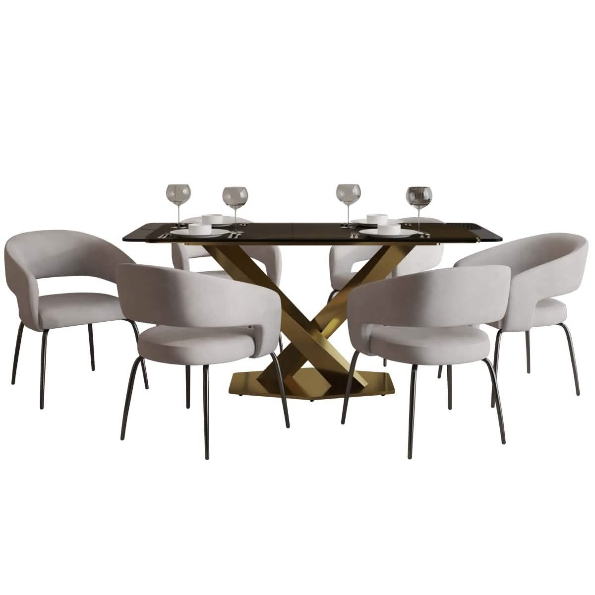 Voren 7 - Piece Dining Set with Rectangular Glass Dining Table Gold Base and 6 Velvet/Leather Dining Chairs with Iron Base