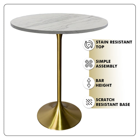 Verve Bar Height Dining Table with Round MDF, Sintered Stone, or Resin Top & Gold Stainless Steel Base