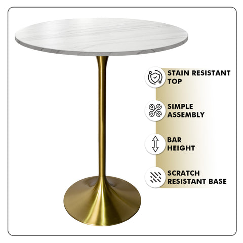 Verve Bar Height Dining Table with Round MDF, Sintered Stone, or Resin Top & Gold Stainless Steel Base