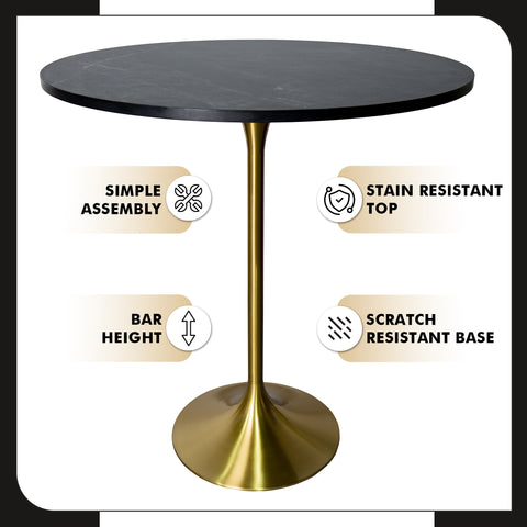 Verve Bar Height Dining Table with Round MDF, Sintered Stone, or Resin Top & Gold Stainless Steel Base