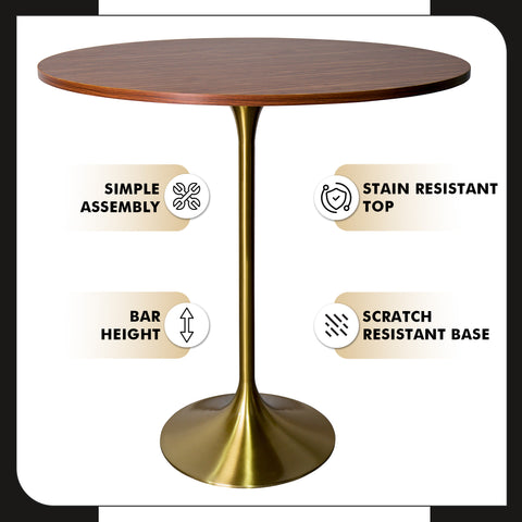 Verve Bar Height Dining Table with Round MDF, Sintered Stone, or Resin Top & Gold Stainless Steel Base