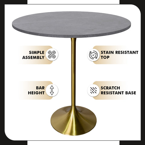 Verve Bar Height Dining Table with Round MDF, Sintered Stone, or Resin Top & Gold Stainless Steel Base