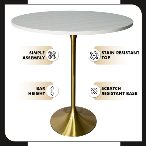 Verve Bar Height Dining Table with Round MDF, Sintered Stone, or Resin Top & Gold Stainless Steel Base