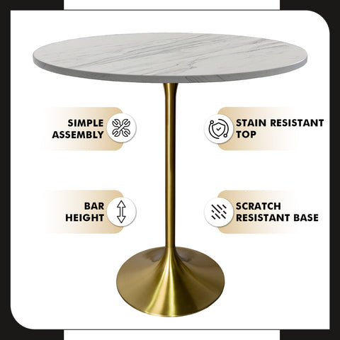 Verve Bar Height Dining Table with Round MDF, Sintered Stone, or Resin Top & Gold Stainless Steel Base