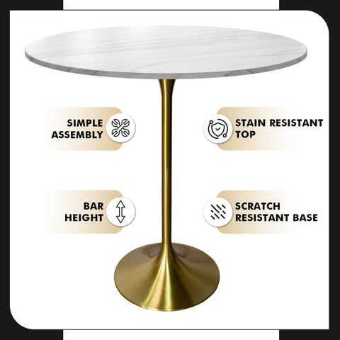 Verve Bar Height Dining Table with Round MDF, Sintered Stone, or Resin Top & Gold Stainless Steel Base