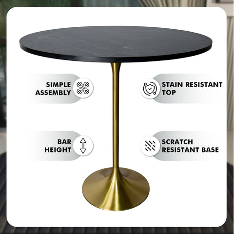 Verve Bar Height Dining Table with Round MDF, Sintered Stone, or Resin Top & Gold Stainless Steel Base