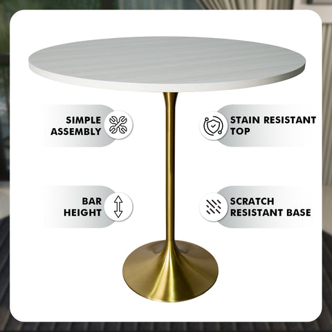 Verve Bar Height Dining Table with Round MDF, Sintered Stone, or Resin Top & Gold Stainless Steel Base