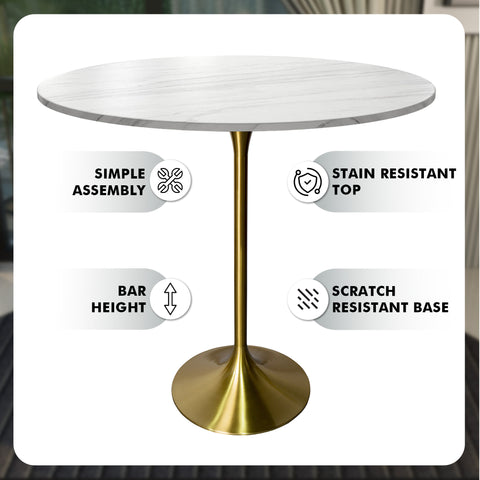 Verve Bar Height Dining Table with Round MDF, Sintered Stone, or Resin Top & Gold Stainless Steel Base