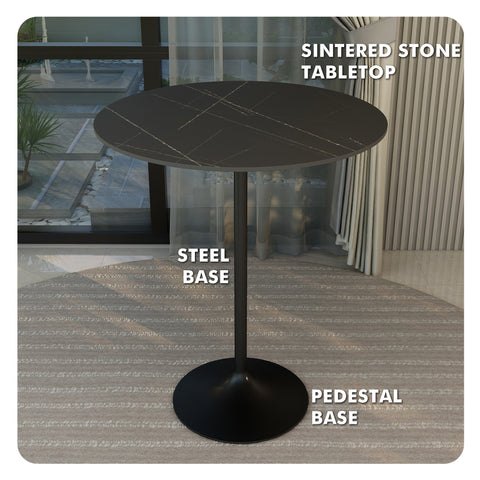 Verve Bar Height Dining Table with Round MDF, Sintered Stone, or Resin Top & Black Stainless Steel Base