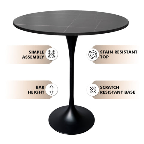 Verve Bar Height Dining Table with Round MDF, Sintered Stone, or Resin Top & Black Stainless Steel Base