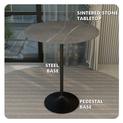 Verve Bar Height Dining Table with Round MDF, Sintered Stone, or Resin Top & Black Stainless Steel Base