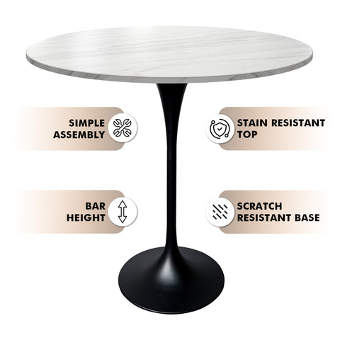 Verve Bar Height Dining Table with Round MDF, Sintered Stone, or Resin Top & Black Stainless Steel Base