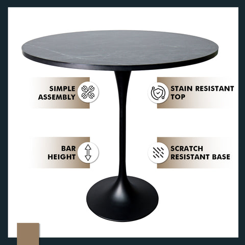 Verve Bar Height Dining Table with Round MDF, Sintered Stone, or Resin Top & Black Stainless Steel Base