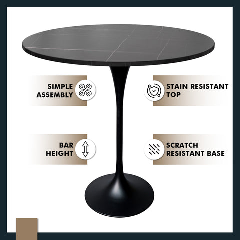 Verve Bar Height Dining Table with Round MDF, Sintered Stone, or Resin Top & Black Stainless Steel Base