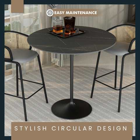 Verve Bar Height Dining Table with Round MDF, Sintered Stone, or Resin Top & Black Stainless Steel Base