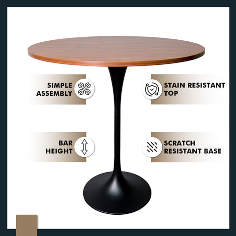 Verve Bar Height Dining Table with Round MDF, Sintered Stone, or Resin Top & Black Stainless Steel Base