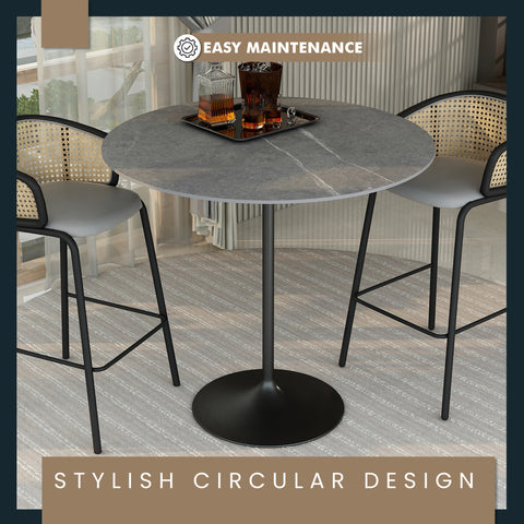 Verve Bar Height Dining Table with Round MDF, Sintered Stone, or Resin Top & Black Stainless Steel Base