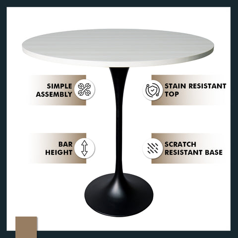 Verve Bar Height Dining Table with Round MDF, Sintered Stone, or Resin Top & Black Stainless Steel Base