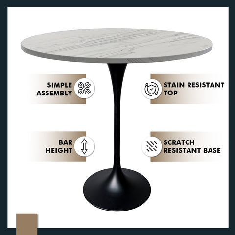 Verve Bar Height Dining Table with Round MDF, Sintered Stone, or Resin Top & Black Stainless Steel Base