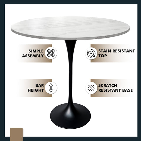 Verve Bar Height Dining Table with Round MDF, Sintered Stone, or Resin Top & Black Stainless Steel Base