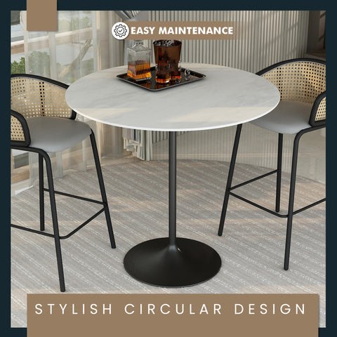 Verve Bar Height Dining Table with Round MDF, Sintered Stone, or Resin Top & Black Stainless Steel Base