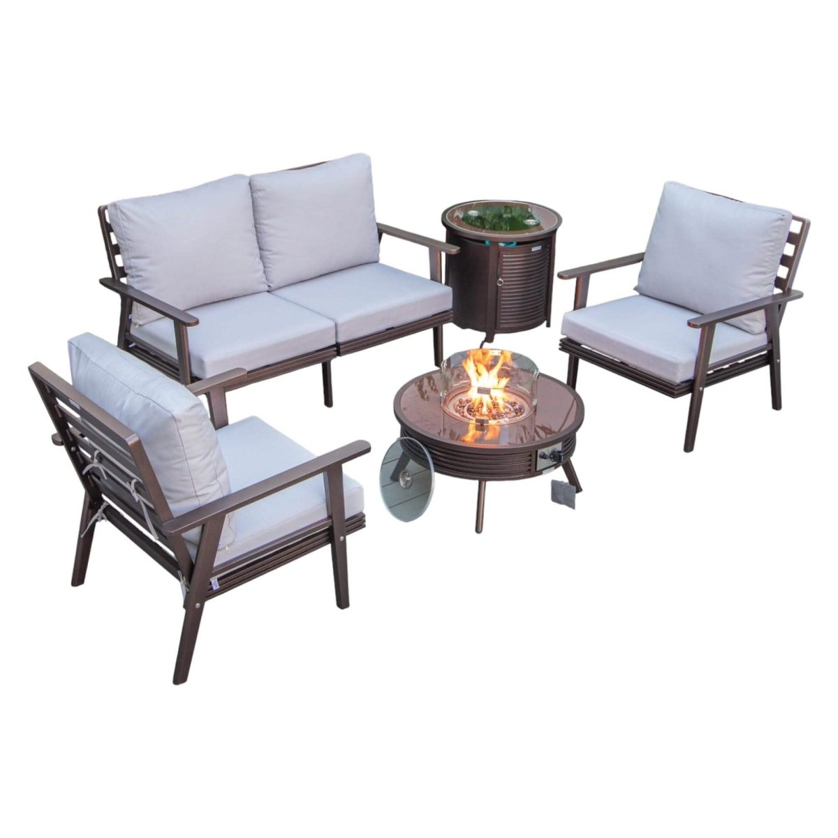 Walbrooke Aluminum Patio Conversation With Slats Design Fire Pit Table & Tank Holder