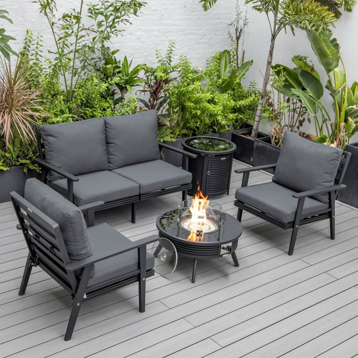 Walbrooke Aluminum Patio Conversation With Slats Design Fire Pit Table & Tank Holder