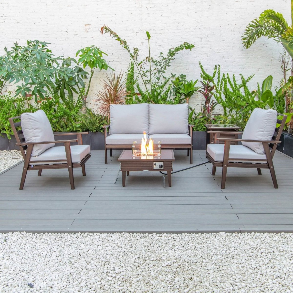 Walbrooke Aluminum Patio Conversation With Slats Design Fire Pit Table & Tank Holder