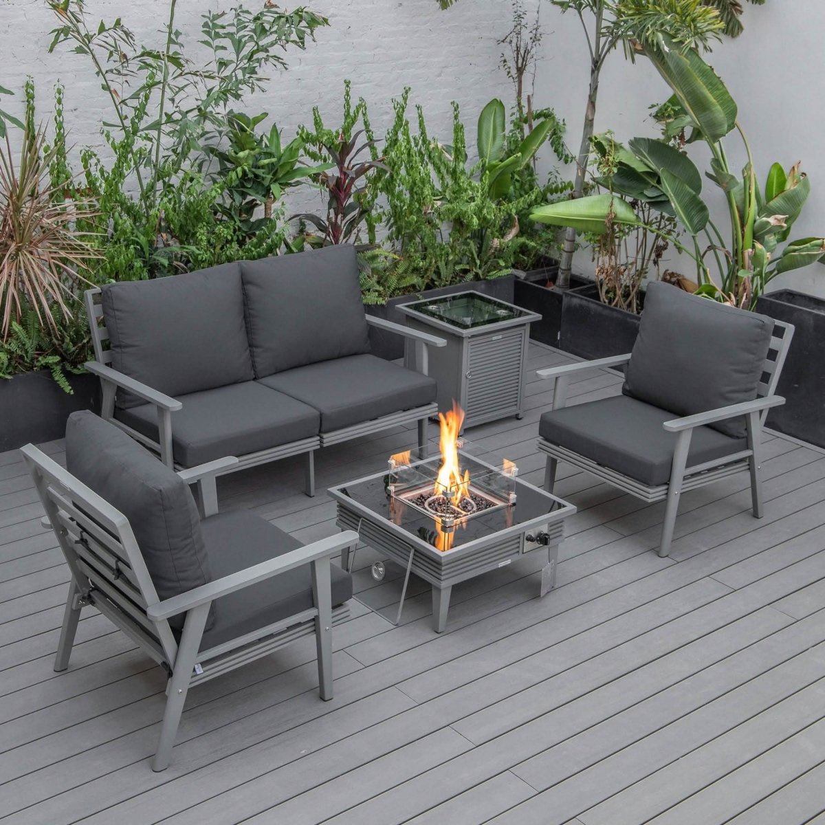 Walbrooke Aluminum Patio Conversation With Slats Design Fire Pit Table & Tank Holder