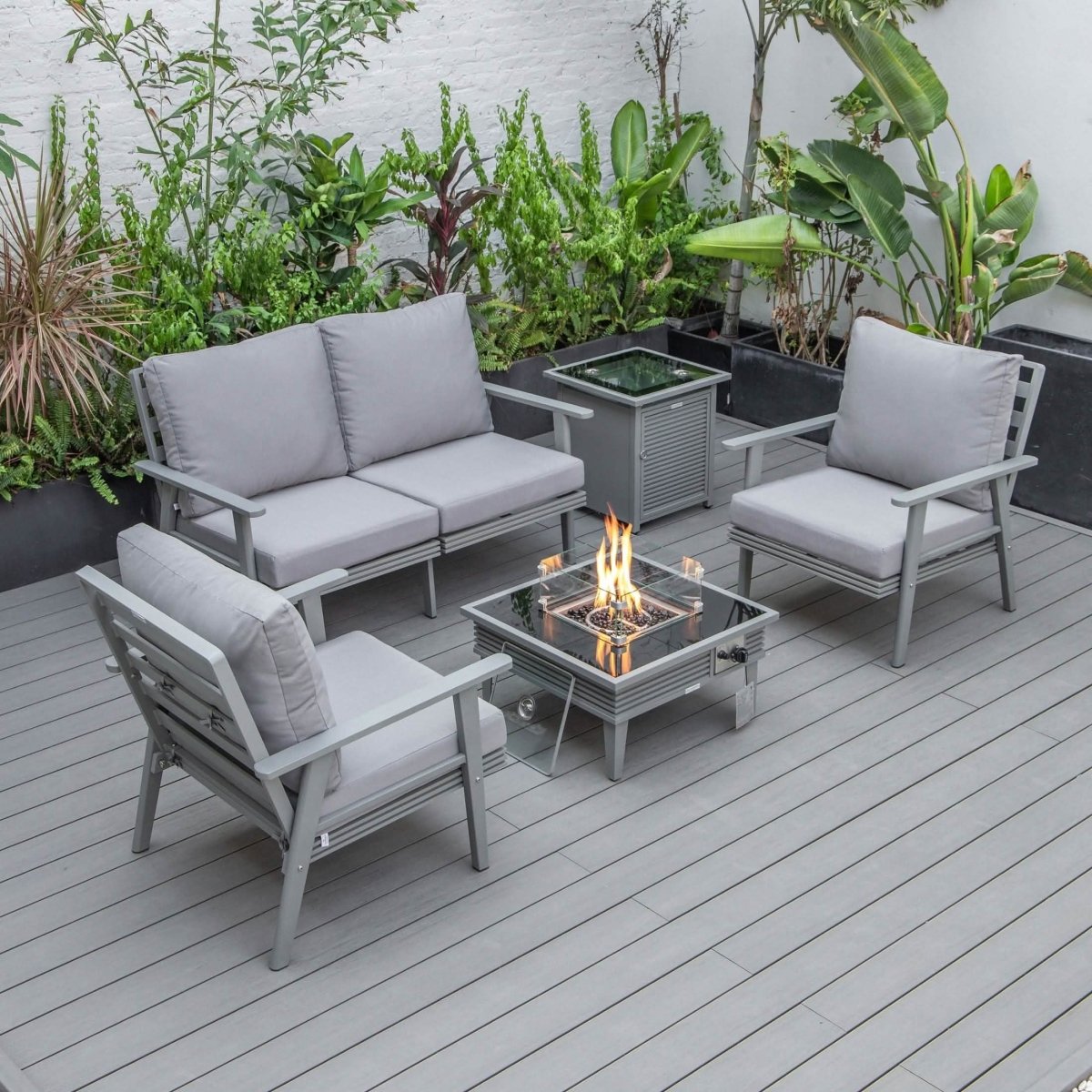 Walbrooke Aluminum Patio Conversation With Slats Design Fire Pit Table & Tank Holder