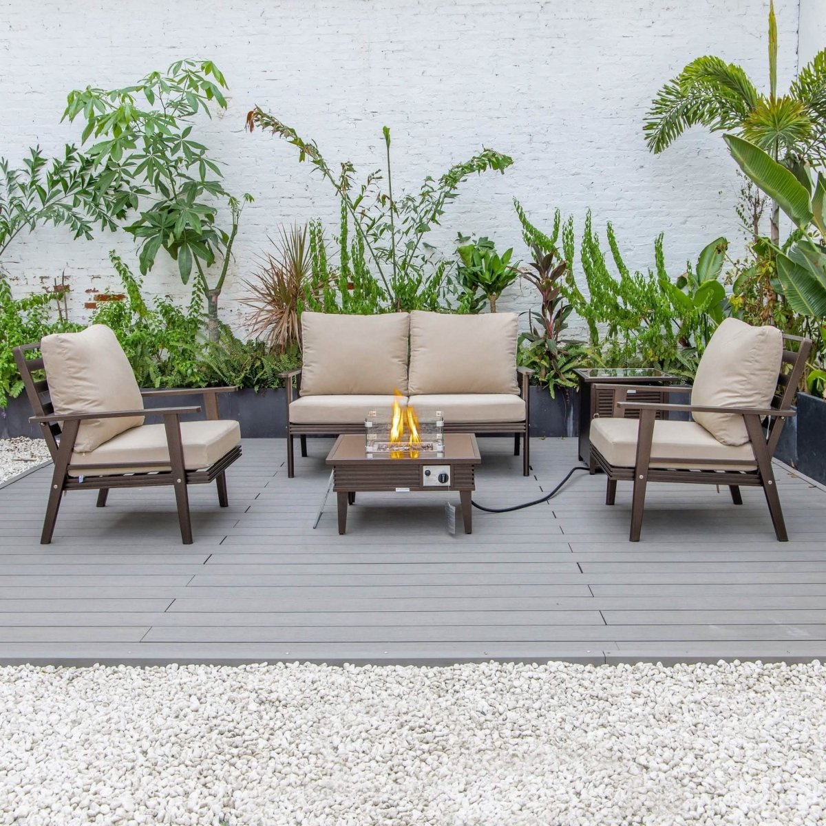 Walbrooke Aluminum Patio Conversation With Slats Design Fire Pit Table & Tank Holder