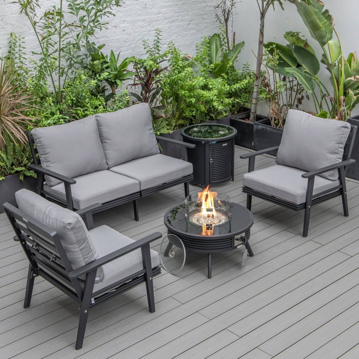 Walbrooke Aluminum Patio Conversation With Slats Design Fire Pit Table & Tank Holder