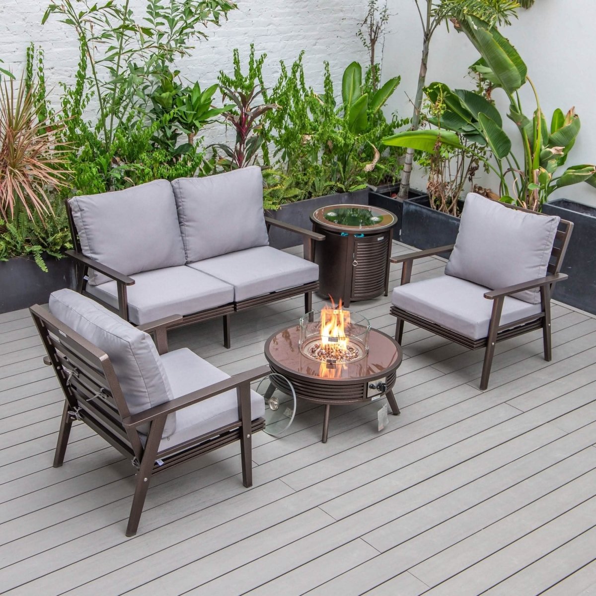Walbrooke Aluminum Patio Conversation With Slats Design Fire Pit Table & Tank Holder