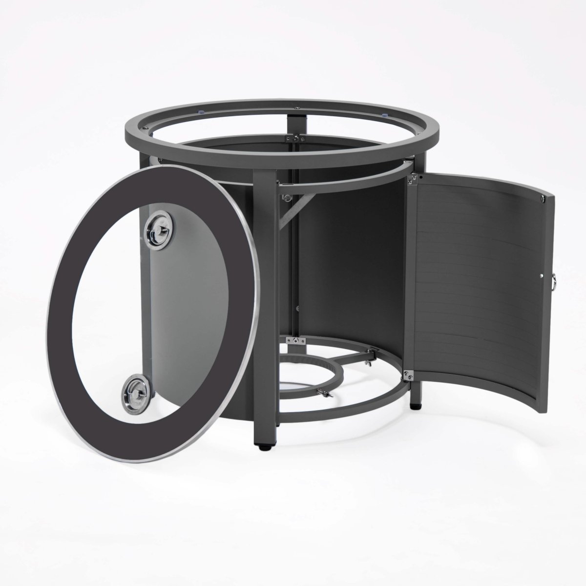 Walbrooke Modern Round Tank Holder Table with Tempered Glass Top and Powder Coated Aluminum Slats/Non Slats Design