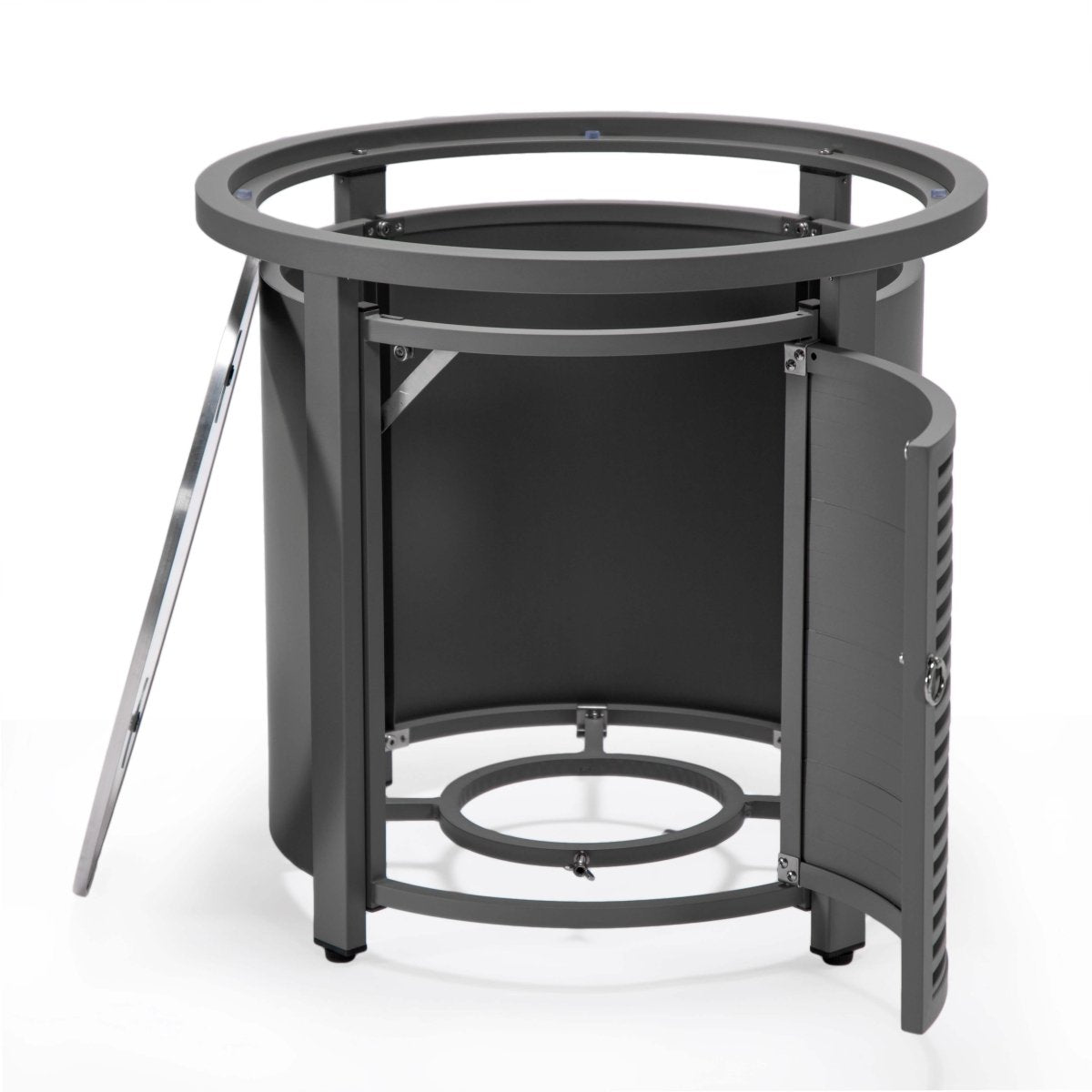Walbrooke Modern Round Tank Holder Table with Tempered Glass Top and Powder Coated Aluminum Slats/Non Slats Design