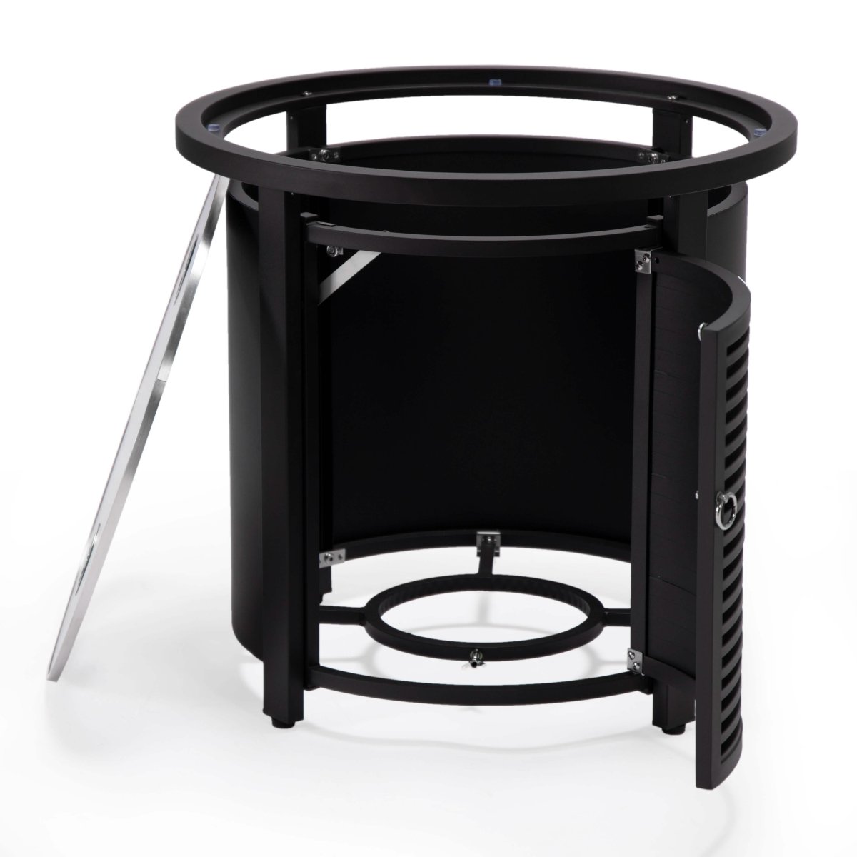 Walbrooke Modern Round Tank Holder Table with Tempered Glass Top and Powder Coated Aluminum Slats/Non Slats Design
