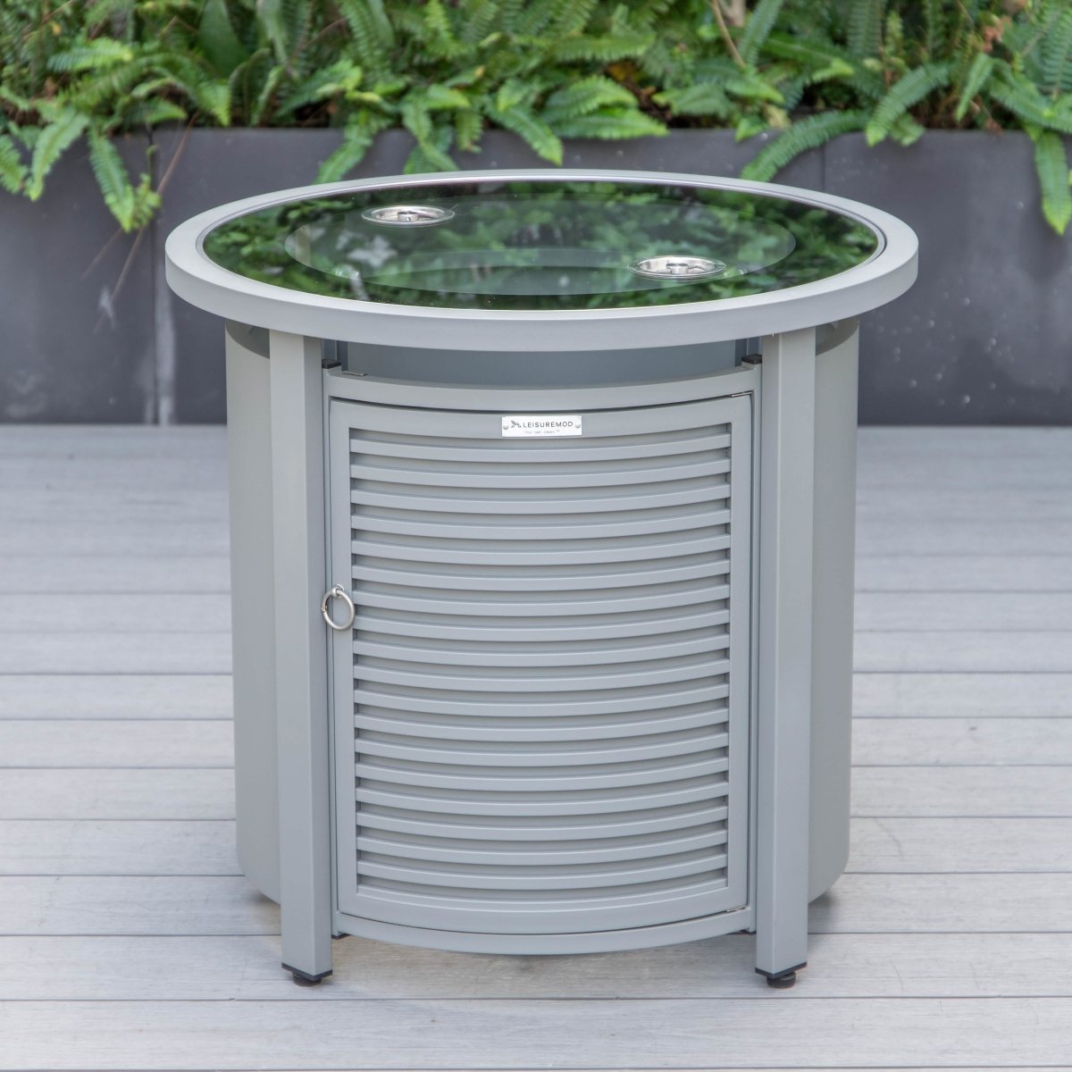 Walbrooke Modern Round Tank Holder Table with Tempered Glass Top and Powder Coated Aluminum Slats/Non Slats Design