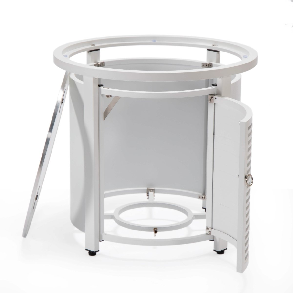 Walbrooke Modern Round Tank Holder Table with Tempered Glass Top and Powder Coated Aluminum Slats/Non Slats Design