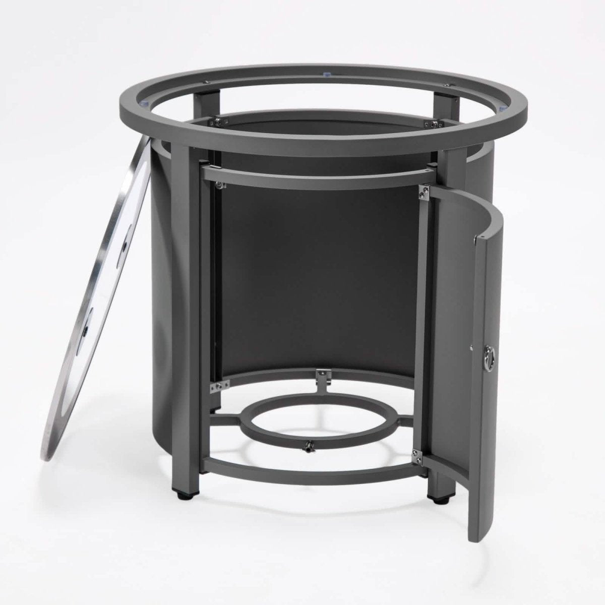 Walbrooke Modern Round Tank Holder Table with Tempered Glass Top and Powder Coated Aluminum Slats/Non Slats Design