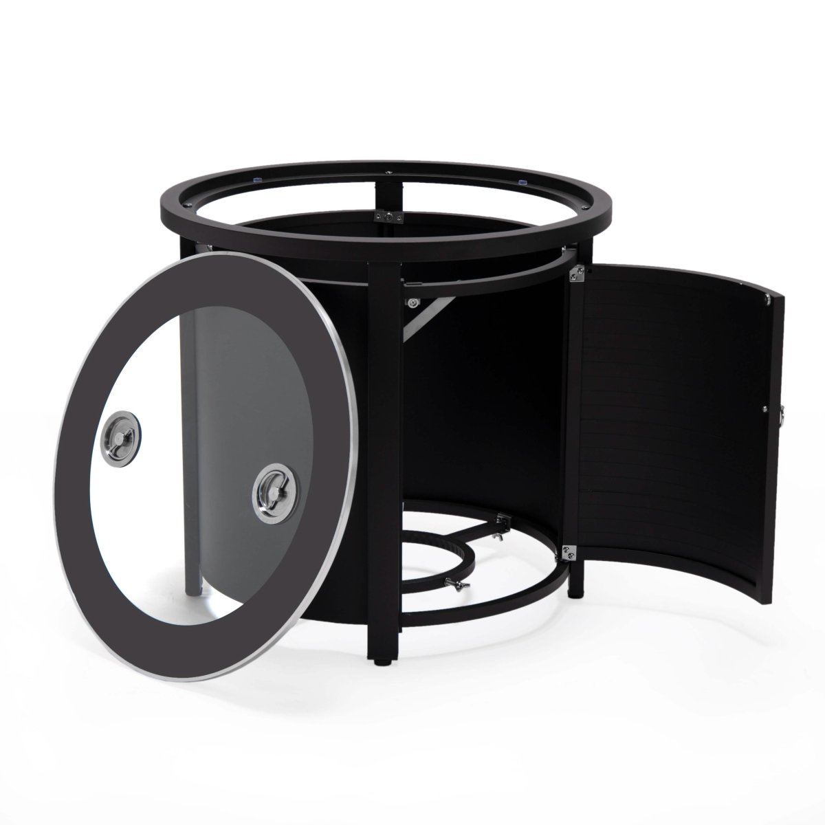 Walbrooke Modern Round Tank Holder Table with Tempered Glass Top and Powder Coated Aluminum Slats/Non Slats Design