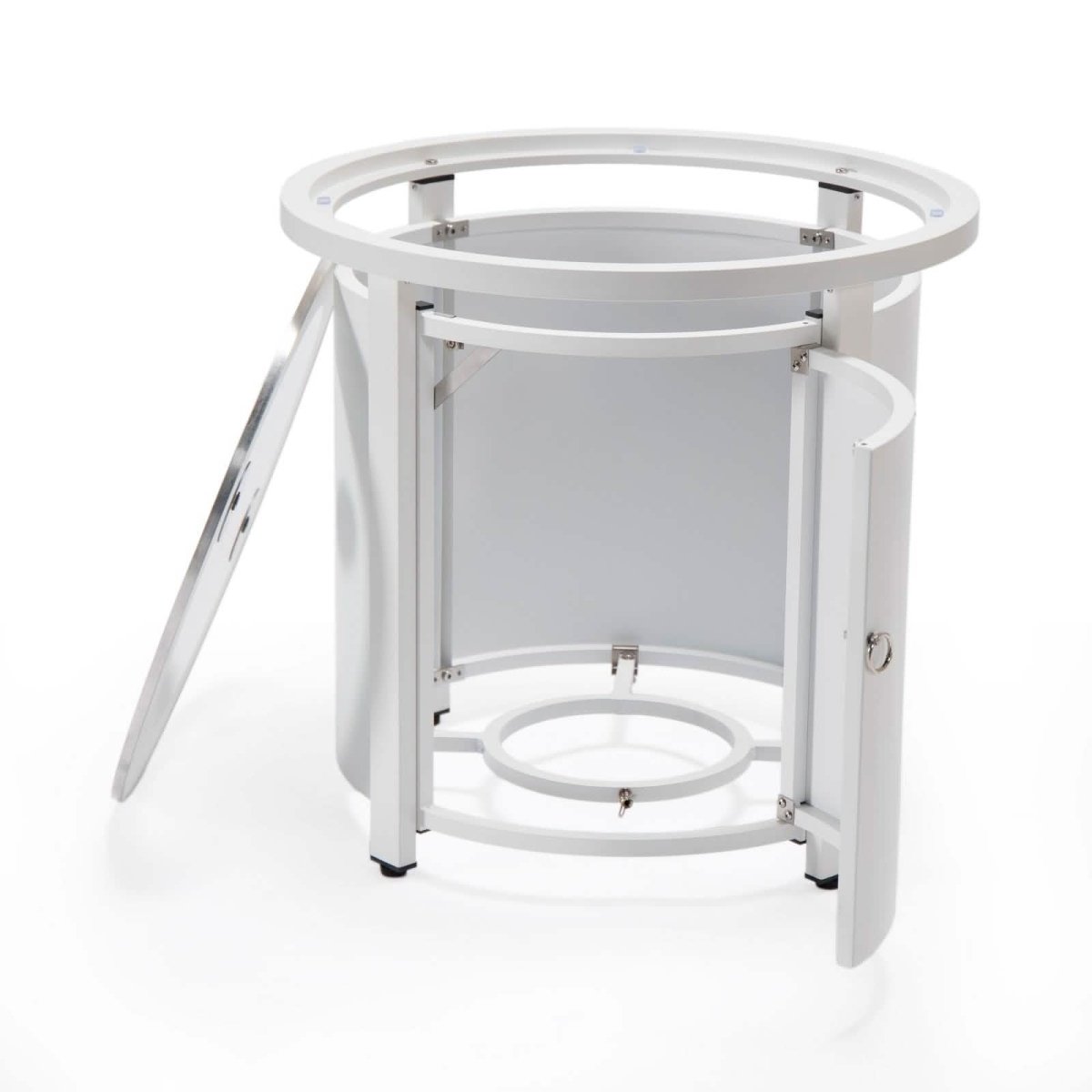 Walbrooke Modern Round Tank Holder Table with Tempered Glass Top and Powder Coated Aluminum Slats/Non Slats Design