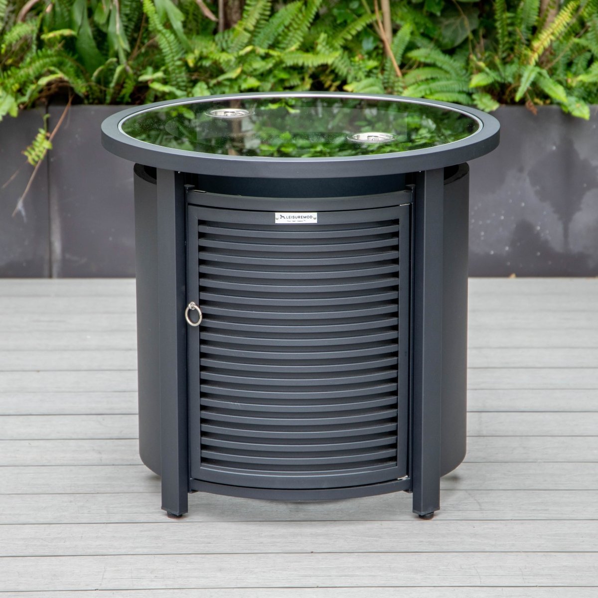 Walbrooke Modern Round Tank Holder Table with Tempered Glass Top and Powder Coated Aluminum Slats/Non Slats Design