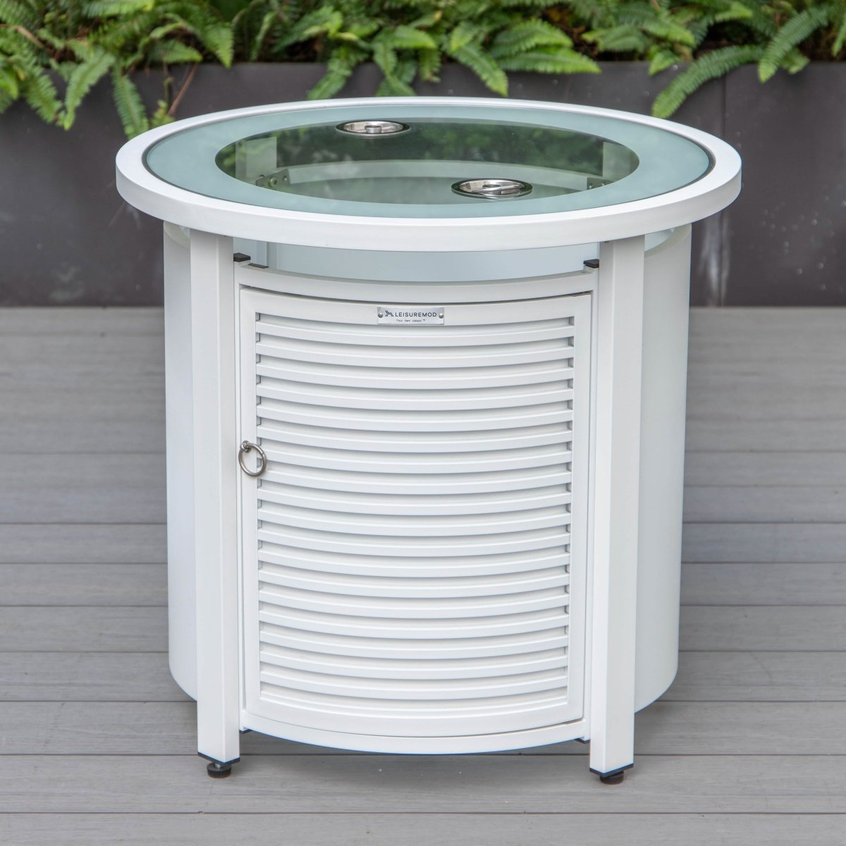 Walbrooke Modern Round Tank Holder Table with Tempered Glass Top and Powder Coated Aluminum Slats/Non Slats Design
